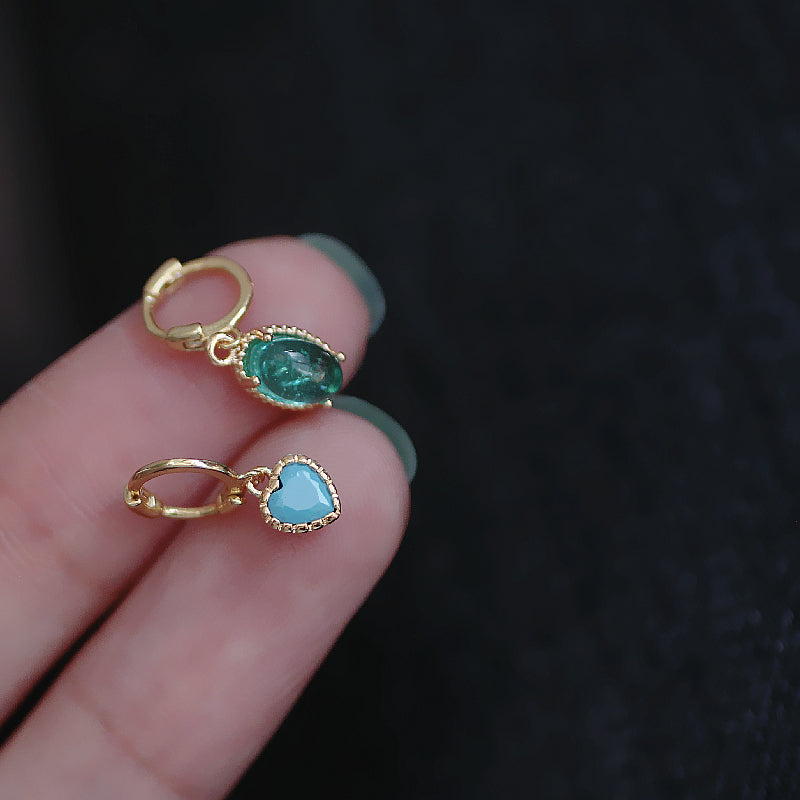 Sparkling Blue Ocean Earrings, Mini Heart Studs, Fashionable Glass Ear Cuff for Women