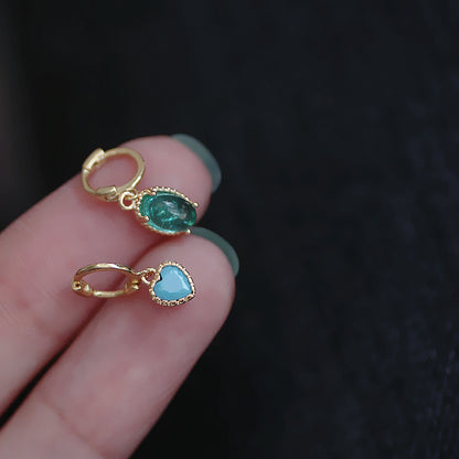Sparkling Blue Ocean Earrings, Mini Heart Studs, Fashionable Glass Ear Cuff for Women