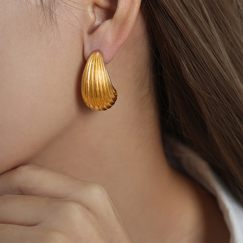 Italian Style Fashion Earrings, Brushed Waterdrop Design, Titanium Steel Gold-Plated