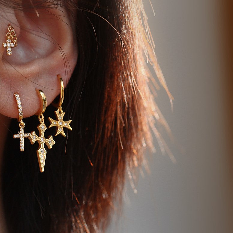 Cross Earrings with Pave Crystals, 925 Silver, Delicate Post, Ear Cuff Hoops