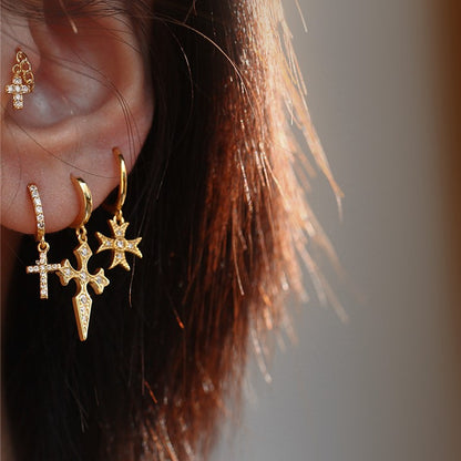 Cross Earrings with Pave Crystals, 925 Silver, Delicate Post, Ear Cuff Hoops