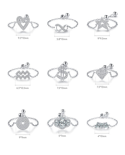Sterling Silver Ring with Chain Design, Zirconia Inlay, Adjustable Size, Different Choice with Crystals for Women and Girls