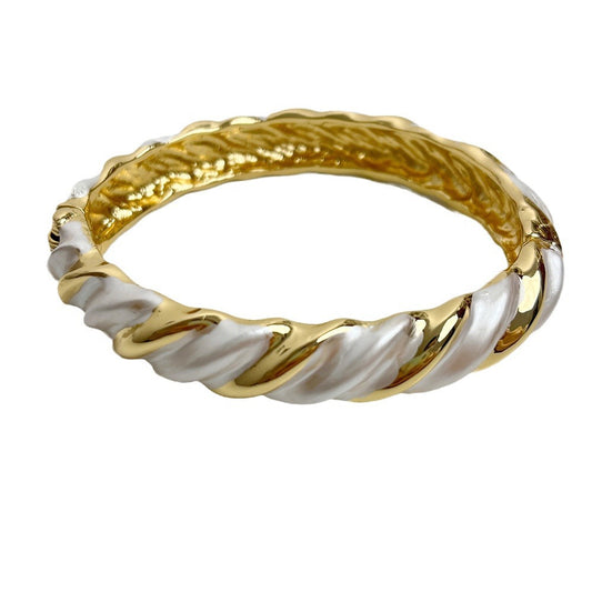 Gold and White Enamel Floral Open Bangle Bracelet