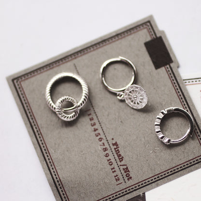 Compass Bone Cuff, Geometric Round Earring, 925 Sterling Silver, Vintage Elegance