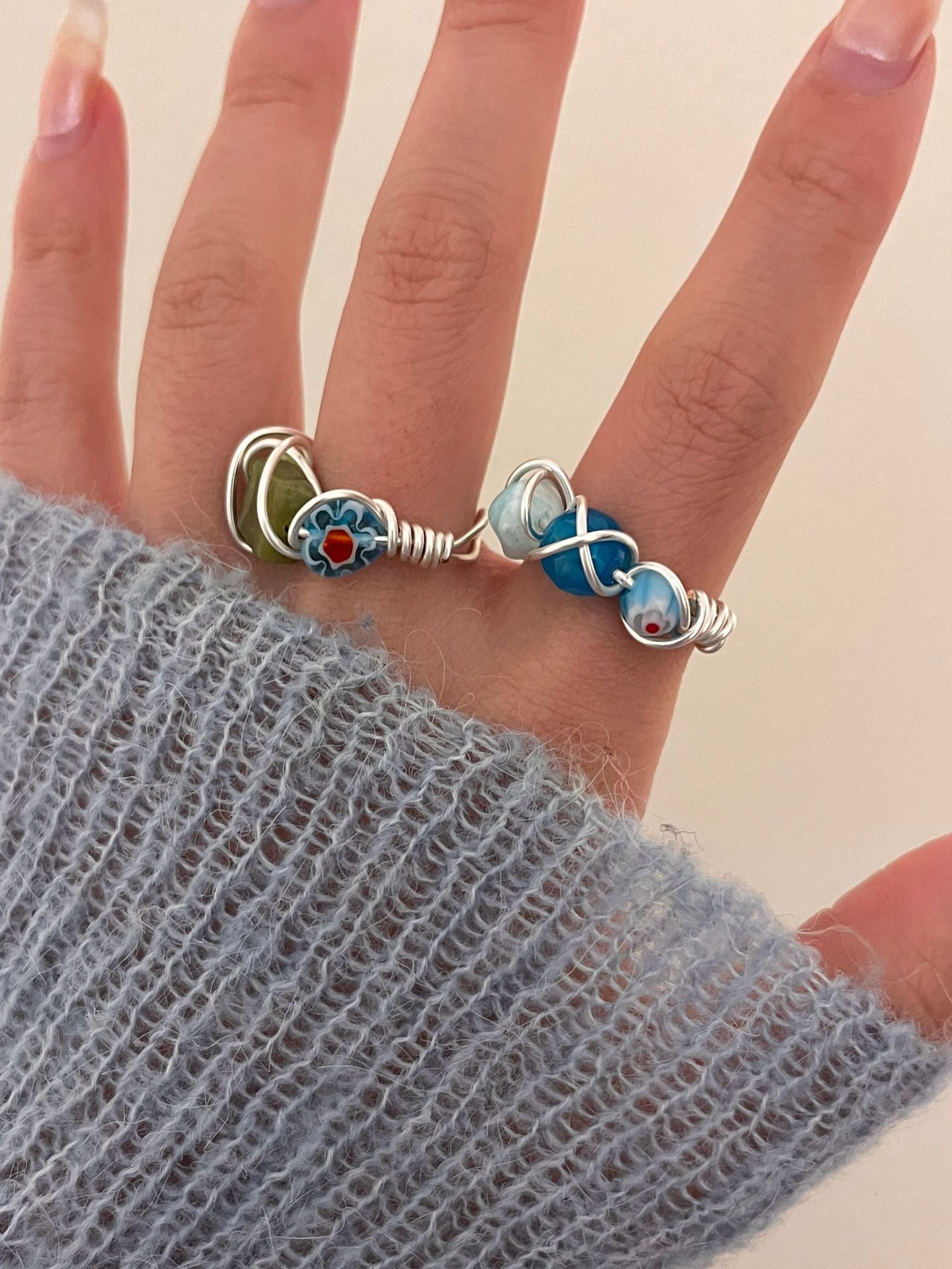 Handcrafted Beaded Natural Stone Open Stackable Rings, Women's Layered Boho Style