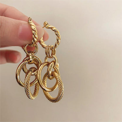 French Style Metal Thread Earrings, Minimalist Circle Pendant, Hypoallergenic Gold-Plated