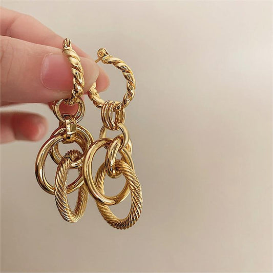 French Style Metal Thread Earrings, Minimalist Circle Pendant, Hypoallergenic Gold-Plated