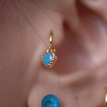 Sparkling Blue Ocean Earrings, Mini Heart Studs, Fashionable Glass Ear Cuff for Women