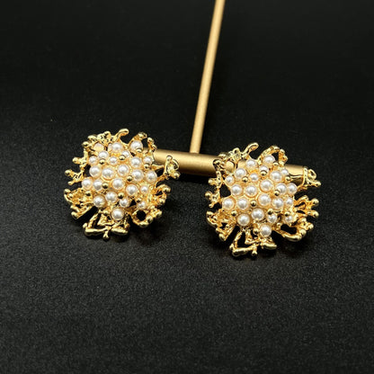 Coral and Pearl Earrings, 18K Gold-Plated Brass, 925 Silver Post, Elegant Antique Style