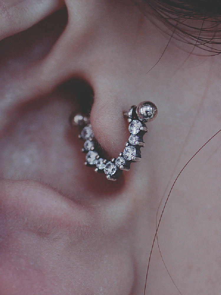 Dark Gothic Ear Cuff, Gold-Plated Silver, Crystal-Studded 925 Silver U-Shape Punk Earrings