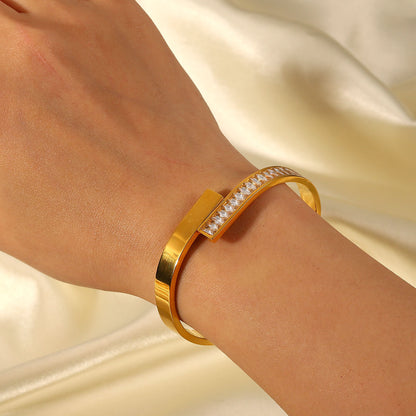 Zirconia-Encrusted Open Bangle Bracelet with 18K Gold Plating