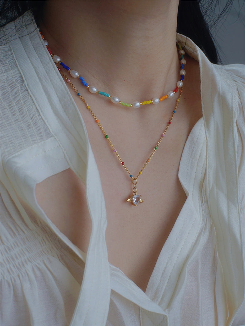 Detachable Vintage Rainbow Bead Necklace with Heart and Angel Charms