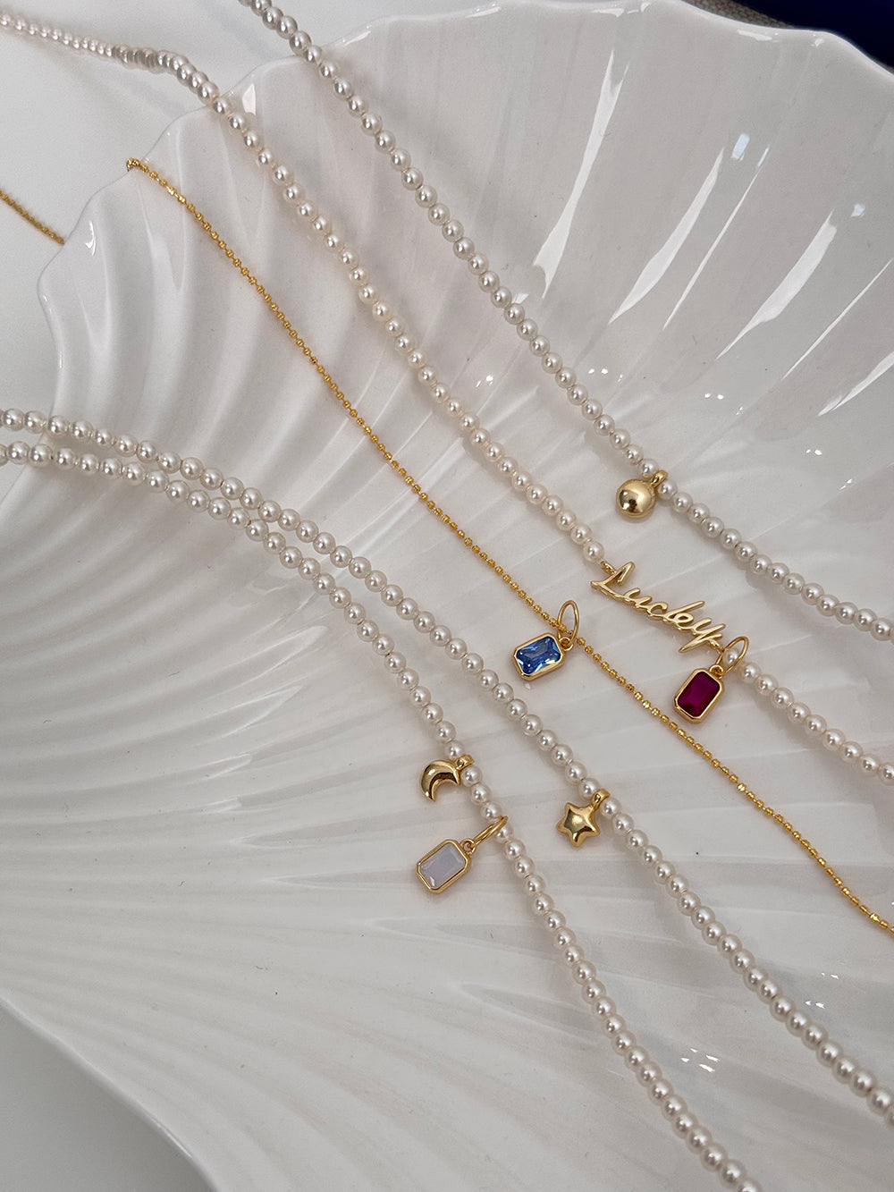 Rainbow Zirconia Sweet and Cool Pearl Necklace with Letter and Geometric Silver Pendants DIY Layered Choker  Description: