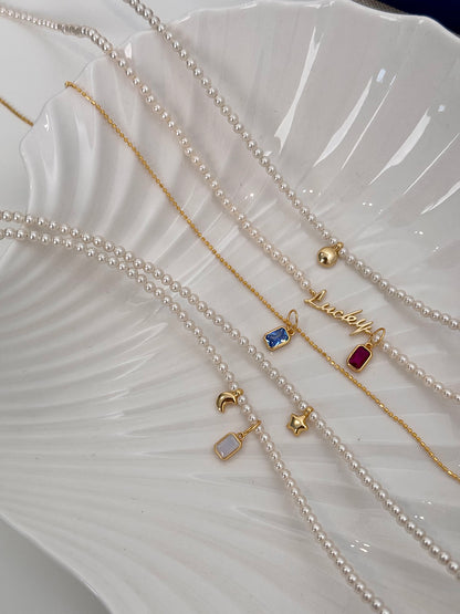Rainbow Zirconia Sweet and Cool Pearl Necklace with Letter and Geometric Silver Pendants DIY Layered Choker  Description: