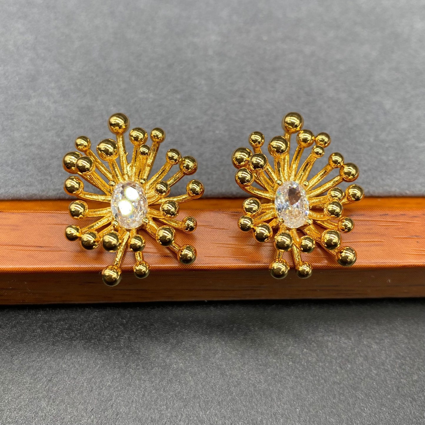 Vintage Gold-Plated Brass Earrings, 19x24mm Firework Zircon, S925 Silver Post