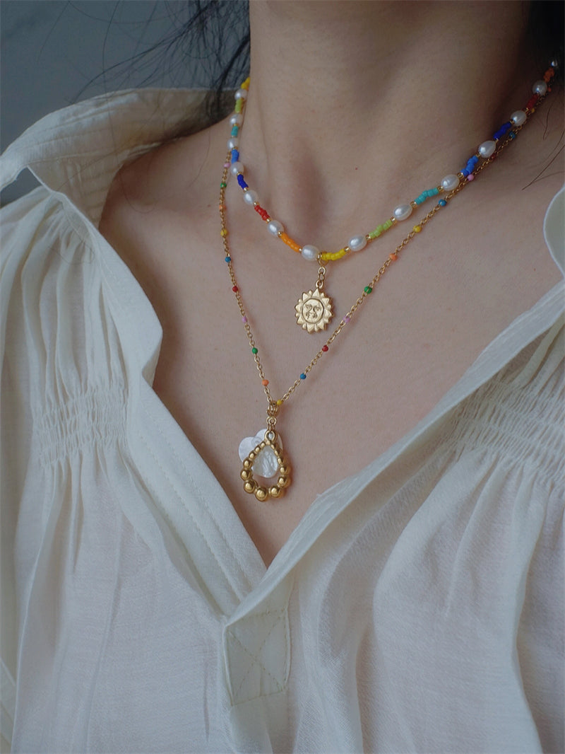 Detachable Vintage Rainbow Bead Necklace with Heart and Angel Charms