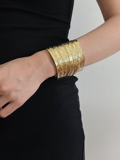 Vintage Exaggerated Open Bangle, 3D Relief Texture, Gold & Silver Tone Cuff Bracelet