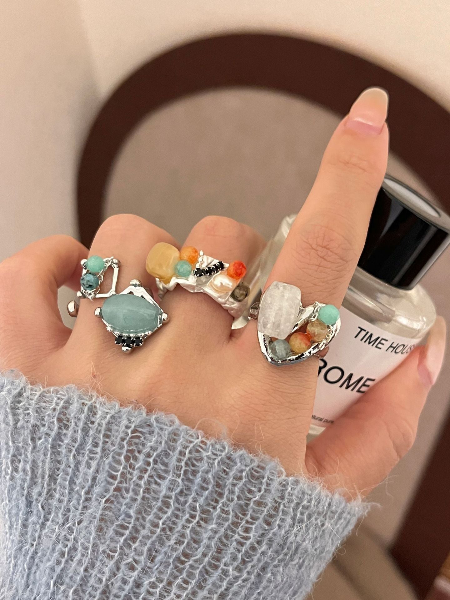 Handcrafted Beaded Natural Stone Open Stackable Rings, Women's Layered Boho Style