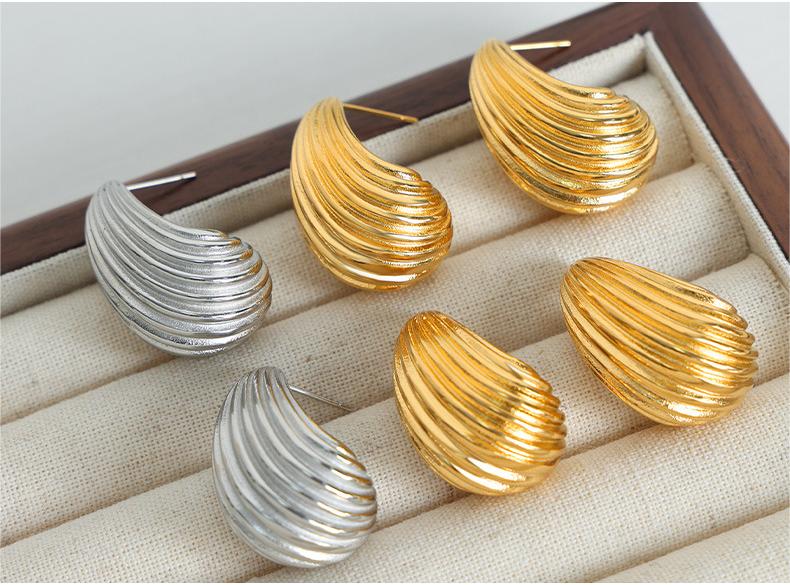 Italian Style Fashion Earrings, Brushed Waterdrop Design, Titanium Steel Gold-Plated