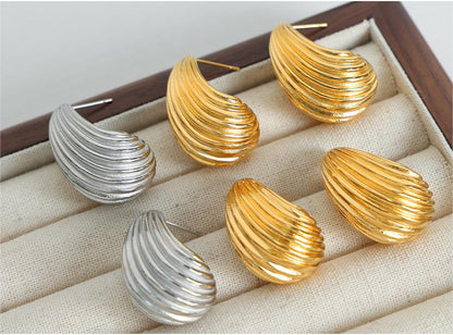 Italian Style Fashion Earrings, Brushed Waterdrop Design, Titanium Steel Gold-Plated