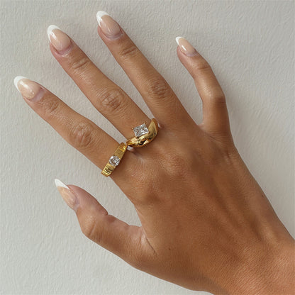 Minimalist Irregular Dome Ring, Stackable Pave Zirconia Band, Real Gold-Plated