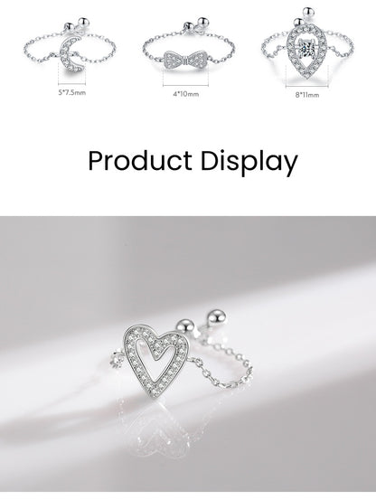 Sterling Silver Ring with Chain Design, Zirconia Inlay, Adjustable Size, Different Choice with Crystals for Women and Girls