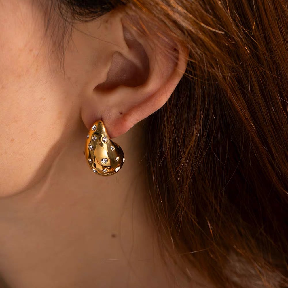 Unique Large Drop Dangle Earrings, Hand-Set Zirconia, 18K Gold-Plated 316L Stainless Steel