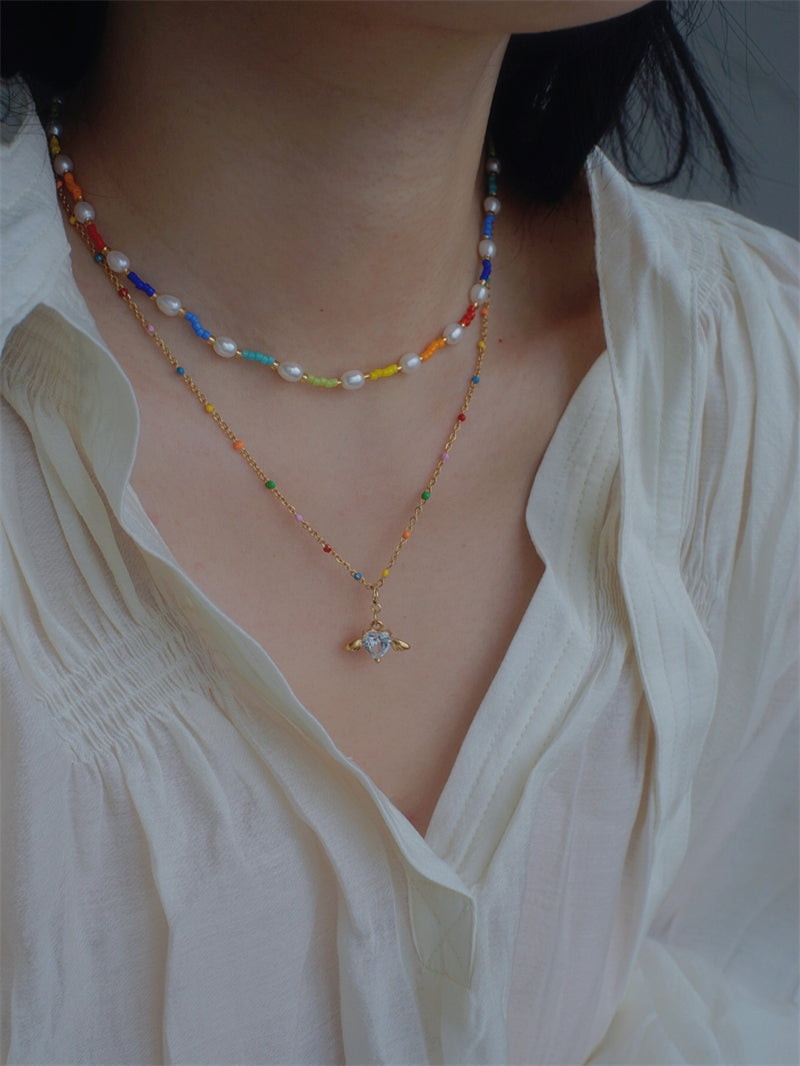 Detachable Vintage Rainbow Bead Necklace with Heart and Angel Charms