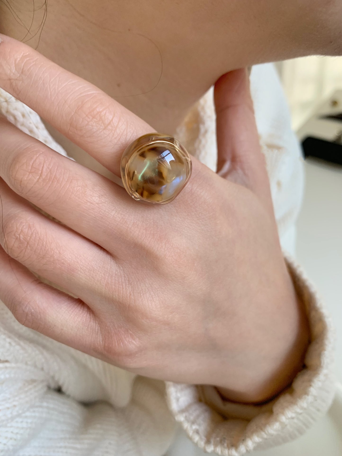Leopard Print Shell Resin Ring, Adjustable Titanium Steel Ring, Trendy & Versatile Accessory