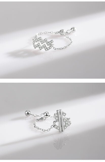 Sterling Silver Ring with Chain Design, Zirconia Inlay, Adjustable Size, Different Choice with Crystals for Women and Girls