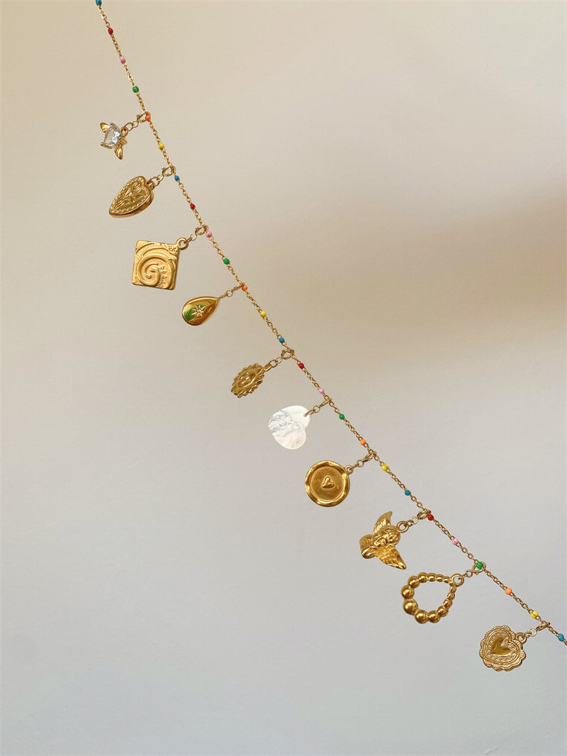 Detachable Vintage Rainbow Bead Necklace with Heart and Angel Charms