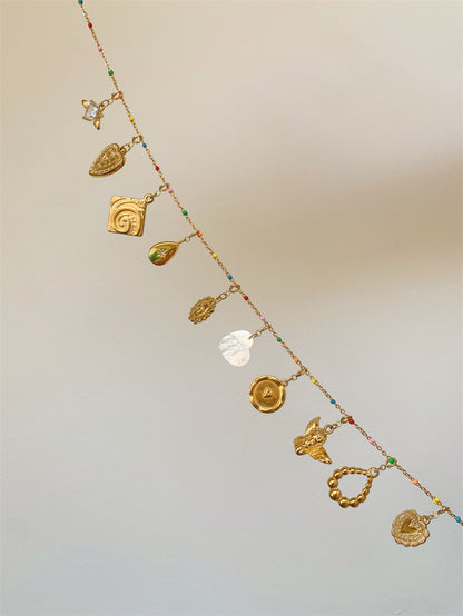 Detachable Vintage Rainbow Bead Necklace with Heart and Angel Charms