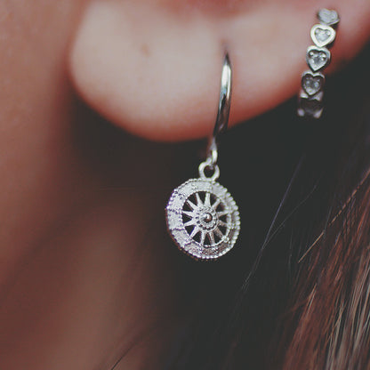Compass Bone Cuff, Geometric Round Earring, 925 Sterling Silver, Vintage Elegance