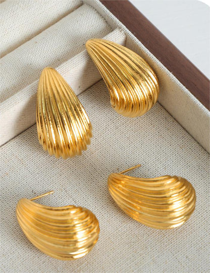 Italian Style Fashion Earrings, Brushed Waterdrop Design, Titanium Steel Gold-Plated