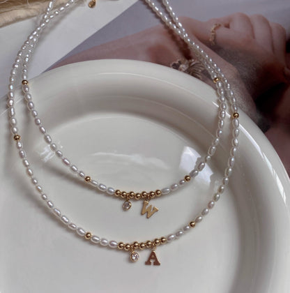 14K Gold-Filled Personalized Initial Necklace with Natural Pearl and Crystal Pendants