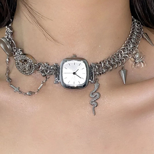 Cyber Punk Vintage Chunky Metal Chain Snake Necklace，Silver Watch Pendant Choker,  Trendy Jewelry, Y2KAccessories, Perfect Unique Handmade Gift
