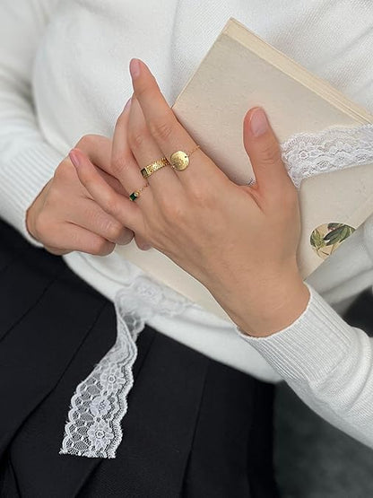 Emerald Elegance Adjustable  Chain Ring Set for Women - Statue Ring, Green Gemstone Ring, Metal Chain Ring