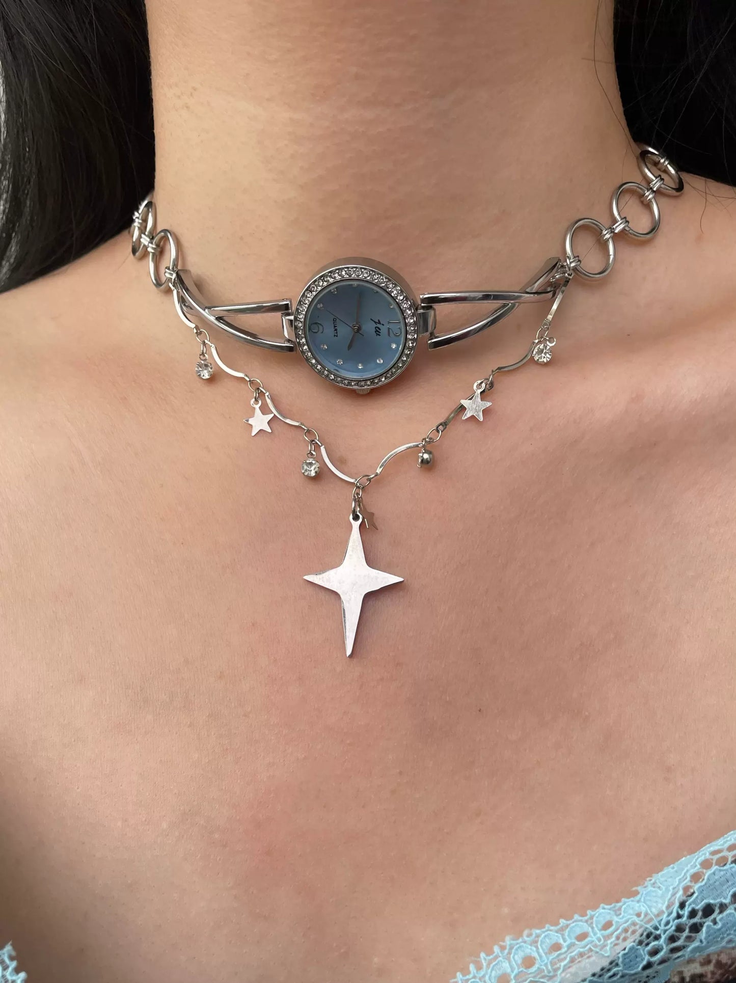 Cyber Punk Niche Chunky Blue Watch Choker, Star Pendant Layered Necklace,Y2K  Metallic Jewelry ,Trendy Sliver Chain Accessories