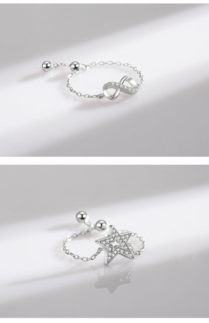 Sterling Silver Ring with Chain Design, Zirconia Inlay, Adjustable Size, Different Choice with Crystals for Women and Girls