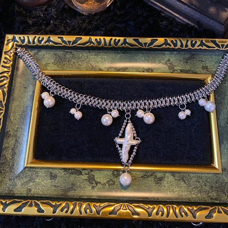 Retro Handmade Original Titanium Steel Pearl Cross Necklace