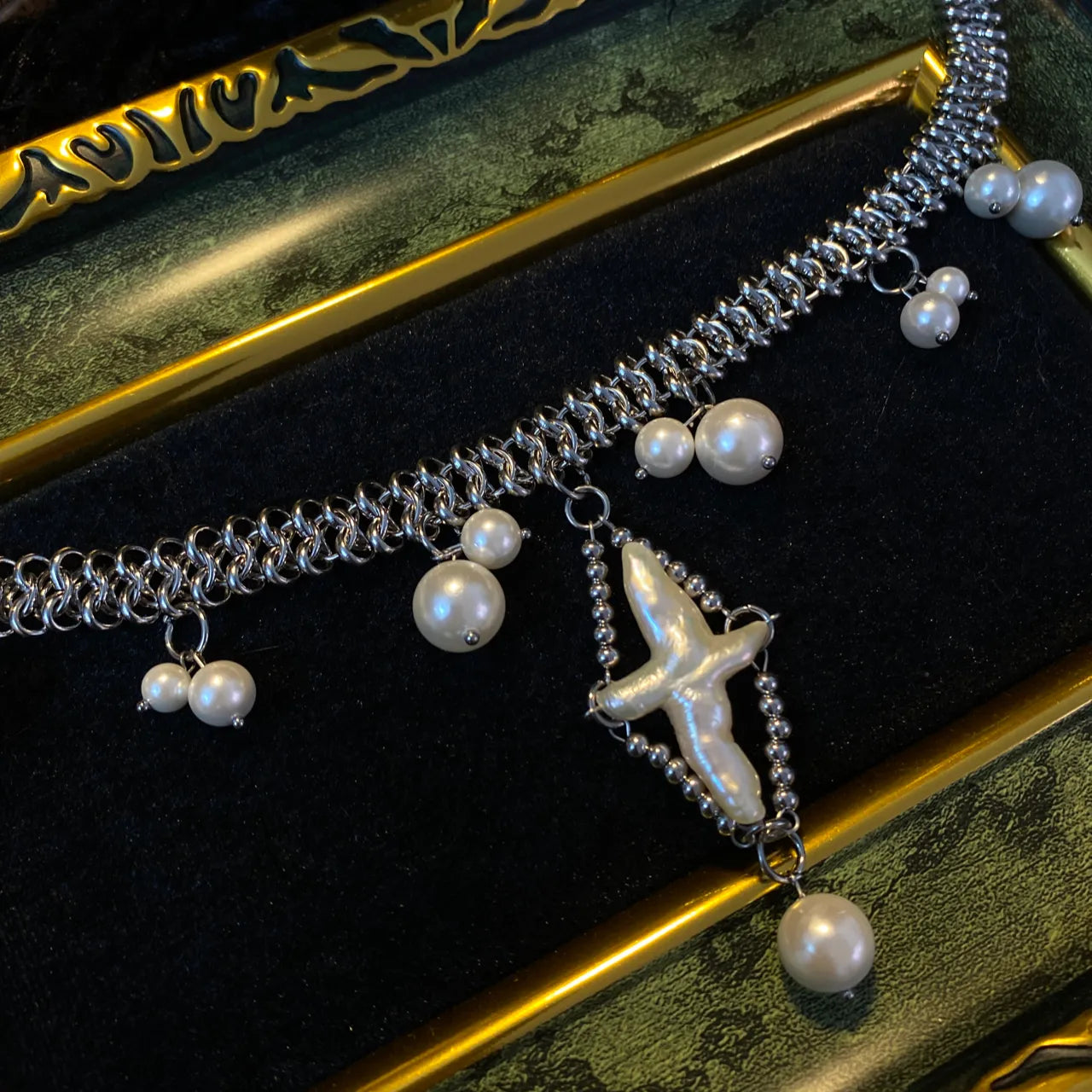 Retro Handmade Original Titanium Steel Pearl Cross Necklace
