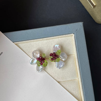 Natural Baroque Petal Pearl Handmade Woven Elegant Sweet Earrings S925 Silver Needle