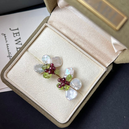 Natural Baroque Petal Pearl Handmade Woven Elegant Sweet Earrings S925 Silver Needle