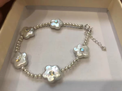 Floral Diamond Sterling Silver Baroque Natural Freshwater Pearl, Adjustable Chain