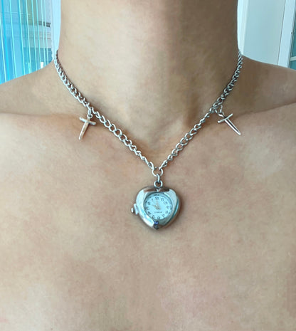 Vintage silver heart watch necklace