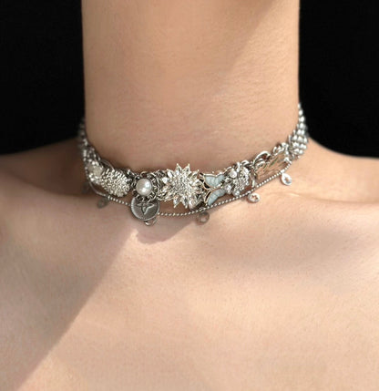Punk vintage butterfly floral pendant silver layered necklace, Y2K necklace, elegant vintage, trendy eclectic necklace,Perfect unique gift.