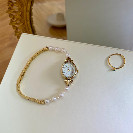 Vintage Pearl Chain Watch, Natural Pearls, Mother-of-Pearl Dial, Retro Quartz Watch for Women