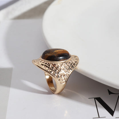Vintage Palace-Inspired Tiger's Eye Ring, Exaggerated Fashion, Oval Stone One Size