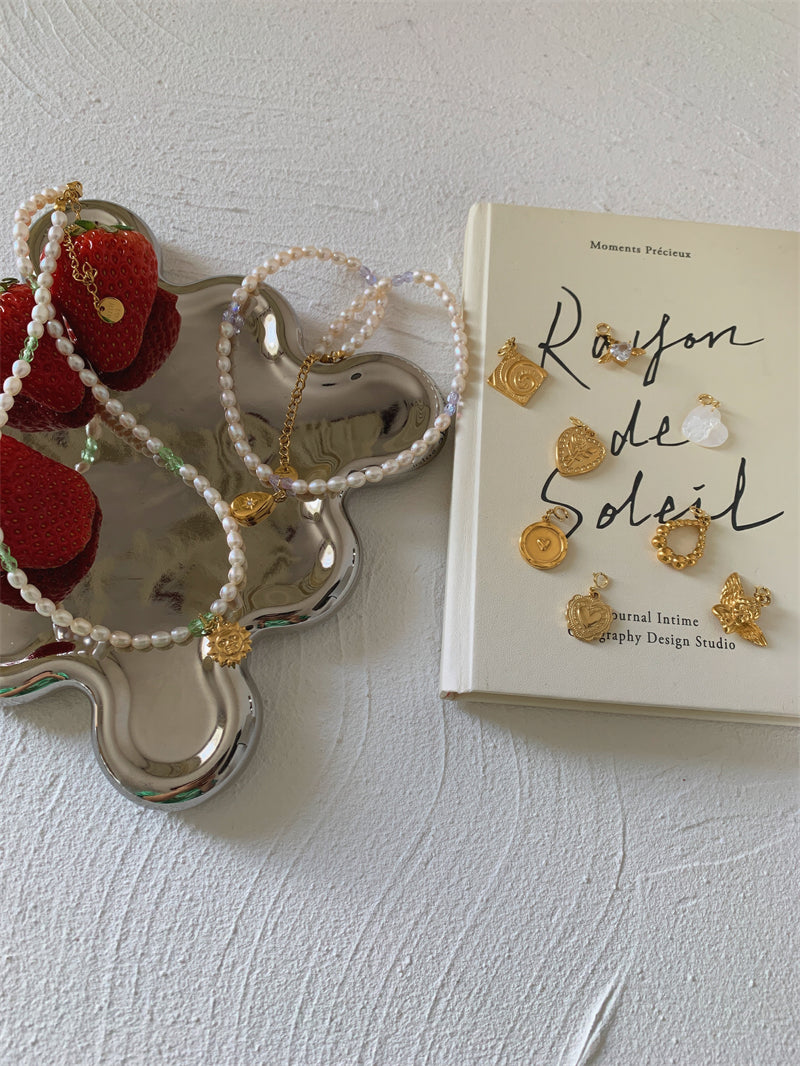 Detachable Vintage Rainbow Bead Necklace with Heart and Angel Charms