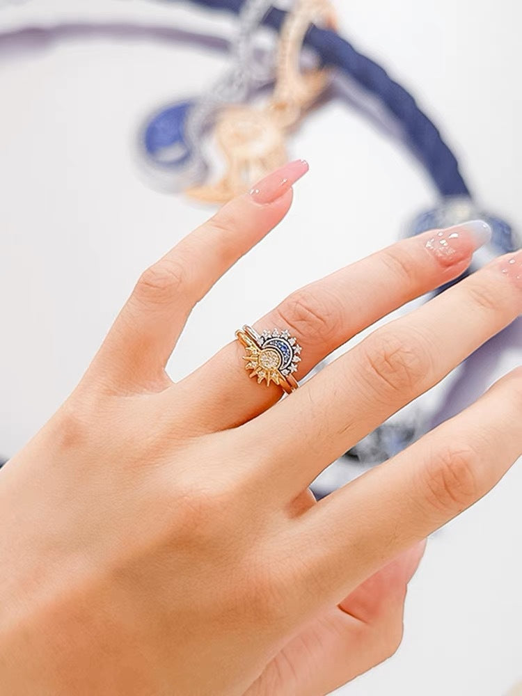 Sun & Moon Harmony Ring Set, Stackable Solar and Lunar Bands, Adjustable Starry Sky Rings